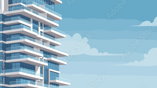 Modern high rise building against a cloudy sky in flat style