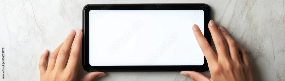 Obraz premium Individual holding modern tablet device with blank screen poised for digital interaction or content display highlighting technology use and user experience.