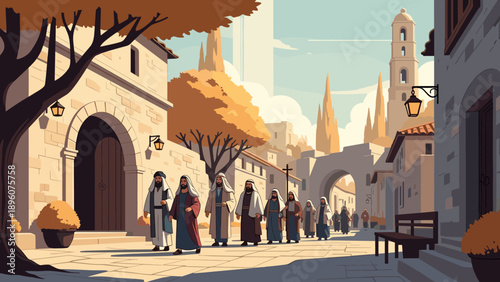 Autumn medieval village with people in traditional clothing walking along stone buildings