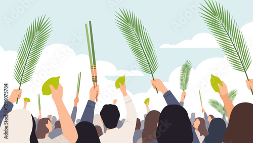 Palm and citrus celebration in crowd against cloudy sky