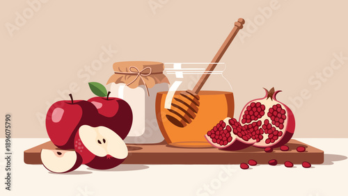 Apples, honey, and pomegranate on wooden board for rosh hashanah celebration