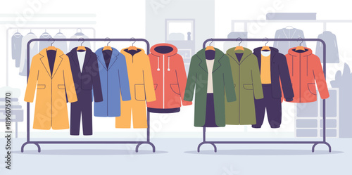 Autumn Winter Outerwear Clothing Rack Illustration with Fashionable Coats Parkas and Hoodies
