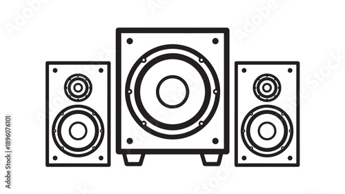 Speakers audio system with multiple drivers and rectangular enclosures, black outlines, compact home entertainment technology, stereo sound, loudspeaker set illustration, TV sound system