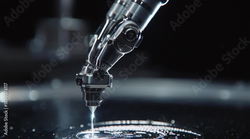 A robotic arm pours water into a circular pool, creating ripples on the surface, captured from a close-up viewpoint in an industrial setting
