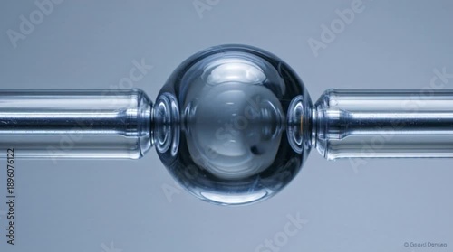 Clear glass sphere suspended between two transparent glass rods on a blue background, close-up view