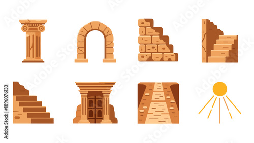 Ancient architecture set with columns, arches, and steps in flat design style