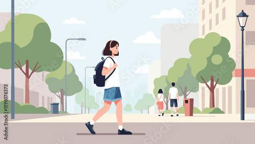 Young woman walking in urban park with modern buildings and greenery