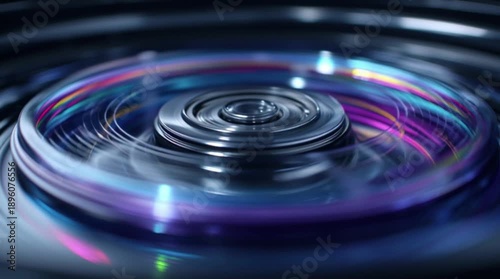A close-up view of a spinning metallic object creating a blurred, colorful, abstract pattern on its surface, surrounded by a dark environment.