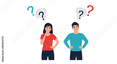 Confused man and woman standing with question marks and swirling thoughts expressing doubt or indecision in flat style vector.