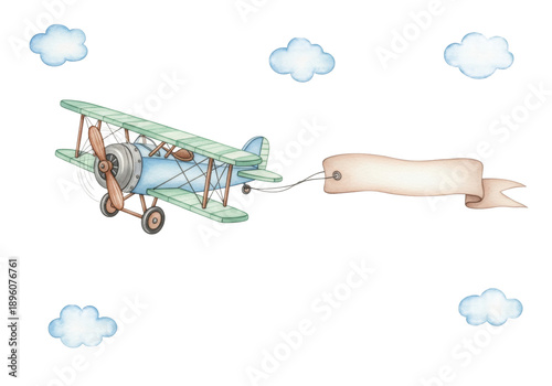 Detailed watercolor vintage biplane (pastel blue/mint) towing a blank copy space banner, flying on white with gold stars. Innocent, dreamy concept for invitations