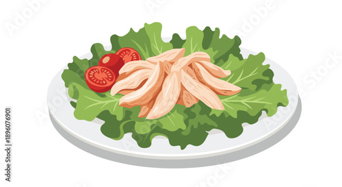 Plate of healthy steamed chicken breast slices served on fresh green lettuce leaves with cherry tomatoes in flat style vector.