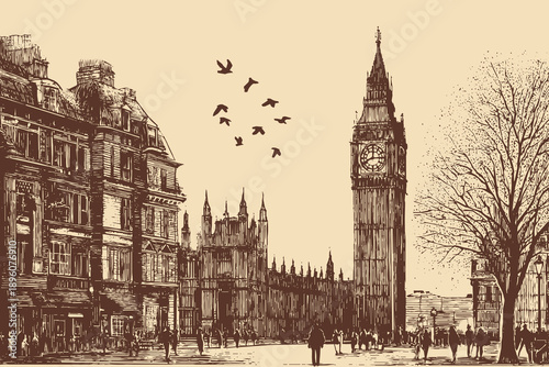 Big Ben, London, England illustration in a vintage style. This vector illustration can be used in any size you like for advertising, logos, and other work.
