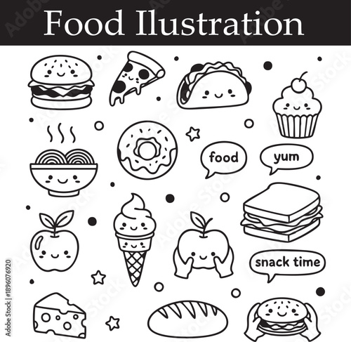 Food Icon Set, Cute Fast Food and Snacks Doodles, Hand Drawn Food Vector Illustration, Cartoon Food Line Art, Yummy Snack Icons