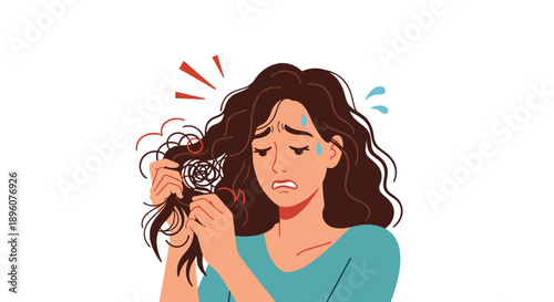 Worried woman holding her messy tangled hair with a stressed expression and water droplets on white background in flat style.