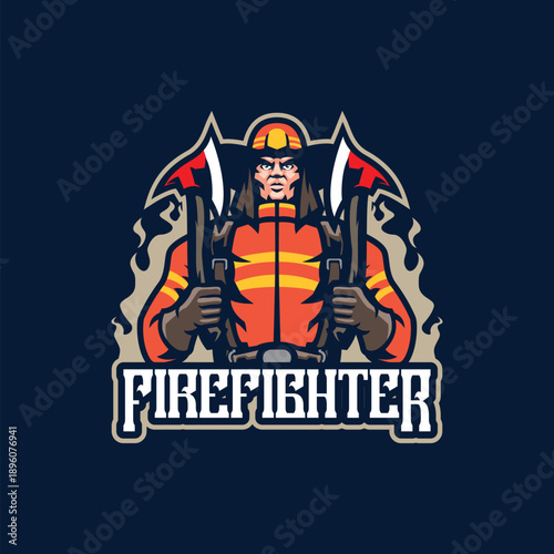 Firefighter mascot logo design vector. Firefighter illustration with axe in hand.