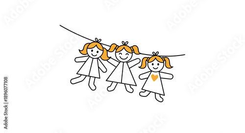 Three cute little paper dolls of girls with blonde pigtails hanging on a string in a simple line art illustration on white.