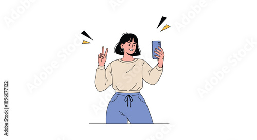 Stylish young woman taking a selfie with her smartphone and showing a peace sign with a happy expression in flat style vector.