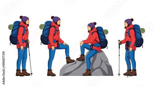 Set of female hiker characters in different poses with a large backpack and trekking poles exploring the outdoors.