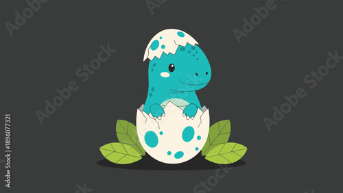 Cute blue baby dinosaur hatching from a white spotted egg surrounded by green leaves on a dark grey background.