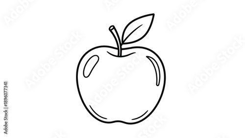 Minimalist line art drawing of a fresh apple with a single stem and leaf isolated on a plain white background.