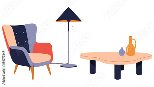 Modern interior design furniture set featuring a colorful armchair, floor lamp, and a minimalist coffee table.