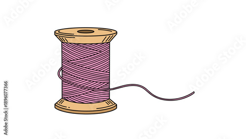 Vintage style wooden spool of purple thread for sewing, knitting, and embroidery crafts isolated on a white background.