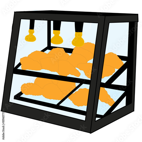 A vector-style illustration of a heated glass display case filled with crispy fried chicken