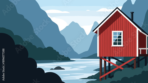 Beautiful Scandinavian landscape with a red wooden cabin on stilts by a fjord surrounded by blue misty mountains.