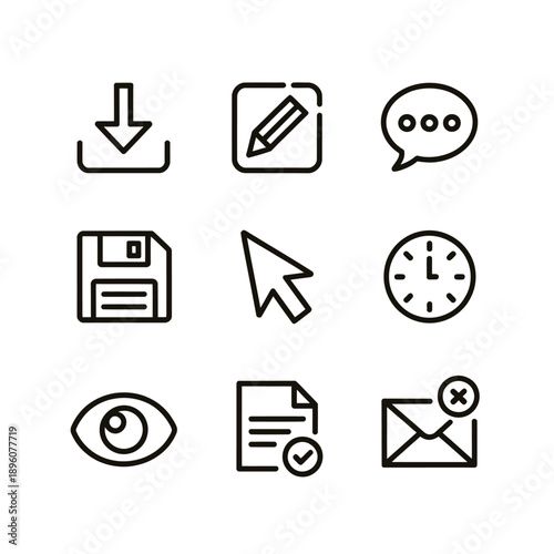 A collection of nine simple black outline icons representing various actions