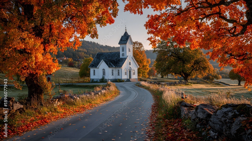 Fototapeta premium Idyllic white countryside church surrounded by vibrant autumn trees with red and orange leaves and a winding paved road leading to the door.