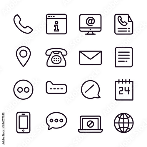 Collection of communication and contact outline icons in a grid layout