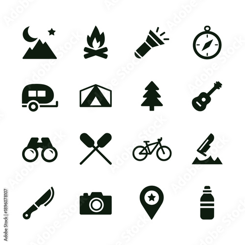 Camping and outdoor adventure icons set in a minimalist style