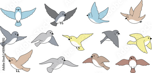 Cute Simple Cartoon Style Flying Bird Vector Set with Soft Pastels and Minimalist Line Art for Children Design