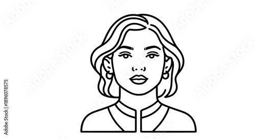 Minimalist black and white line art illustration of a woman with short wavy hair and a neutral expression, depicted from the shoulders up.