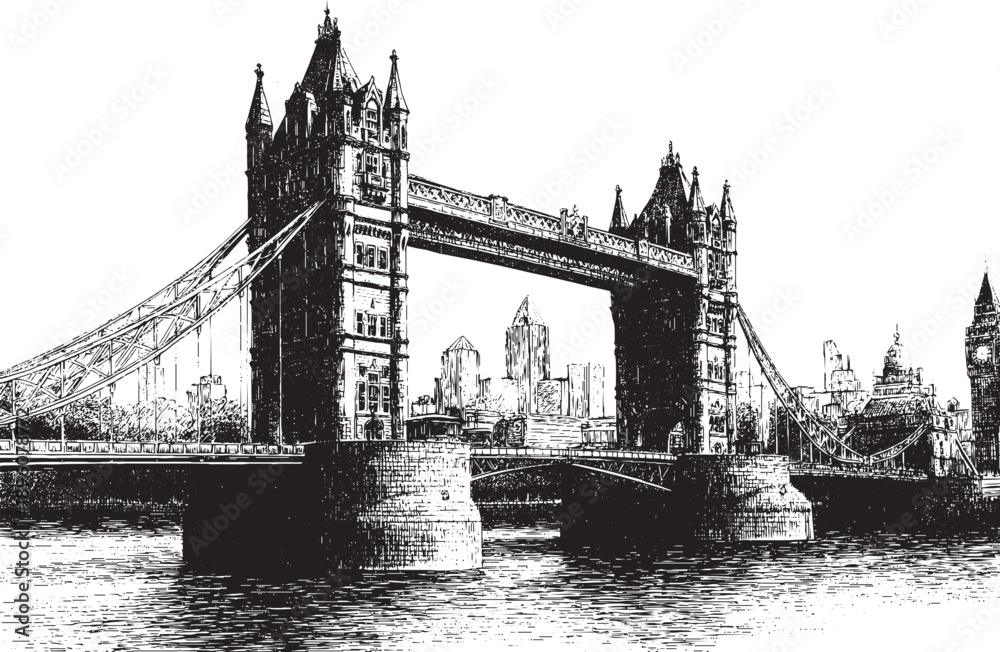 Obraz premium Tower Bridge, England illustration on a white background. This vector illustration can be used in any size you like for advertising, logos, and other work. 