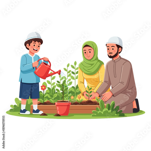 Family Gardening Together with Watering Can.