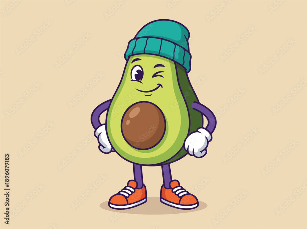 Obraz premium Cute Avocado Character Wearing a Beanie and Sneakers.