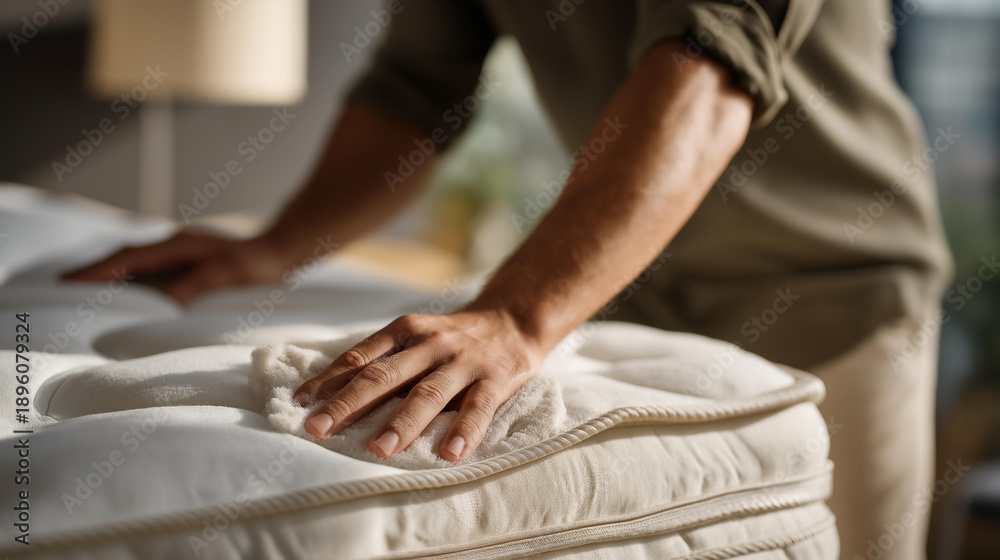 Obraz premium Illustrating the step-by-step method of cleaning a white mattress, including preparation with baking soda and essential oils, focusing on enhancing the mattress's longevity and freshness. cinematic
