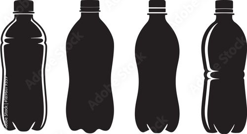 Collection of diverse black silhouette plastic bottles for various beverage packaging designs 