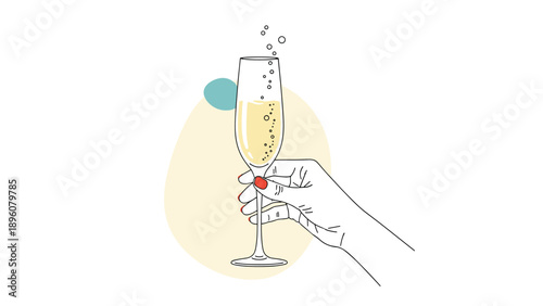 Elegant line art illustration of a woman's hand with red nails holding a glass of sparkling champagne against abstract pastel shapes.