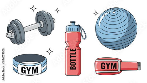 Collection of colorful cartoon gym and fitness equipment, including a dumbbell, water bottle, exercise ball, and fitness trackers with sparkles.