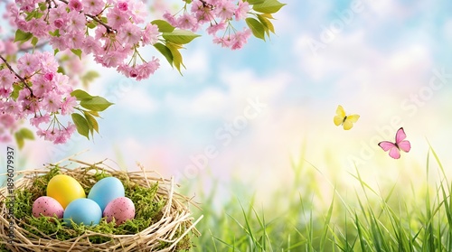 A rustic nest filled with colorful Easter eggs sits amongst vibrant green moss with delicate pink cherry blossoms blooming overhead and two butterflies fluttering in the soft sunlit meadow