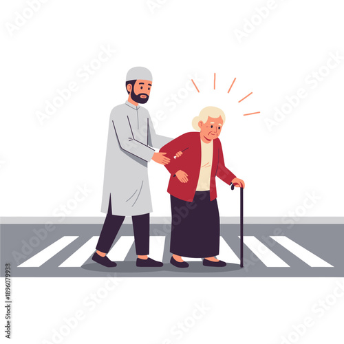 Man Assisting Elderly Woman Across Street.