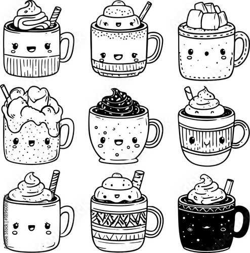 Cute illustrated coffee mugs with smiling faces and toppings.