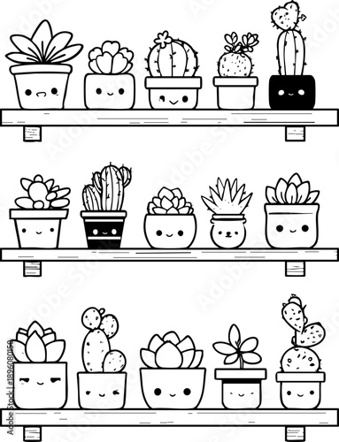 Cute collection of assorted smiling potted plants on shelves.