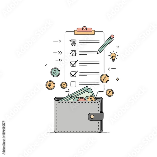 Conceptual illustration of financial management featuring a wallet with cash, coins, and a clipboard checklist for shopping and housing expenses.