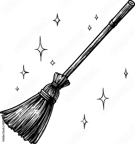 Hand-drawn broom with sparkling stars around it.