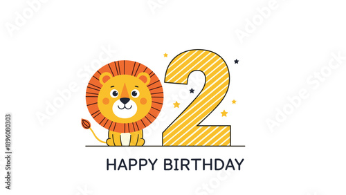 Second birthday greeting card design featuring a cute cartoon lion character next to a large, patterned number two with stars around it.
