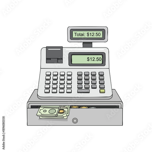 Cash Register with Money and Receipt Display