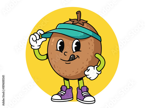 Cute Sapodilla Fruit Character Wearing a Visor and Sneakers.
